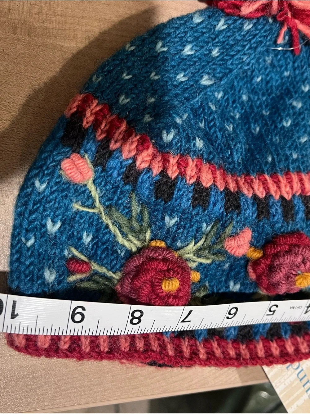 NWT Sundance / Lost Horizons Teal Knit Pom Hat with Pink Floral Embroidery